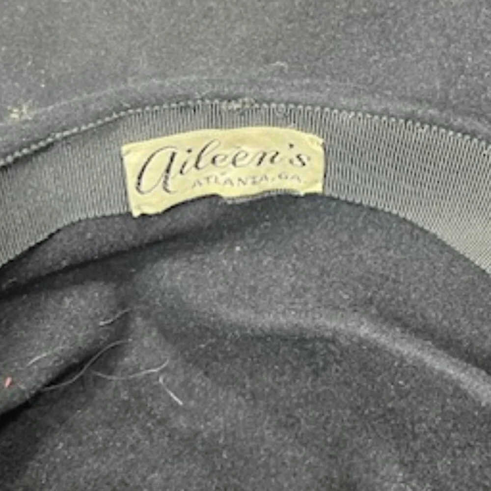 VTG Handmade Black Felt Fur Aileen's Atlanta Bucket Hat Gold Tone Accents